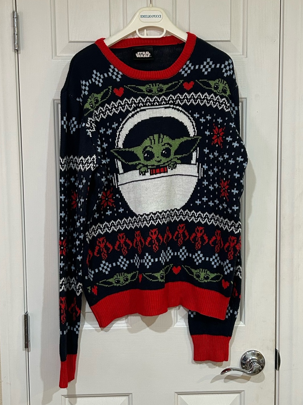 Star Wars Men’s Grogu Holiday Knit Sweater - Navy/Red/Green Medium